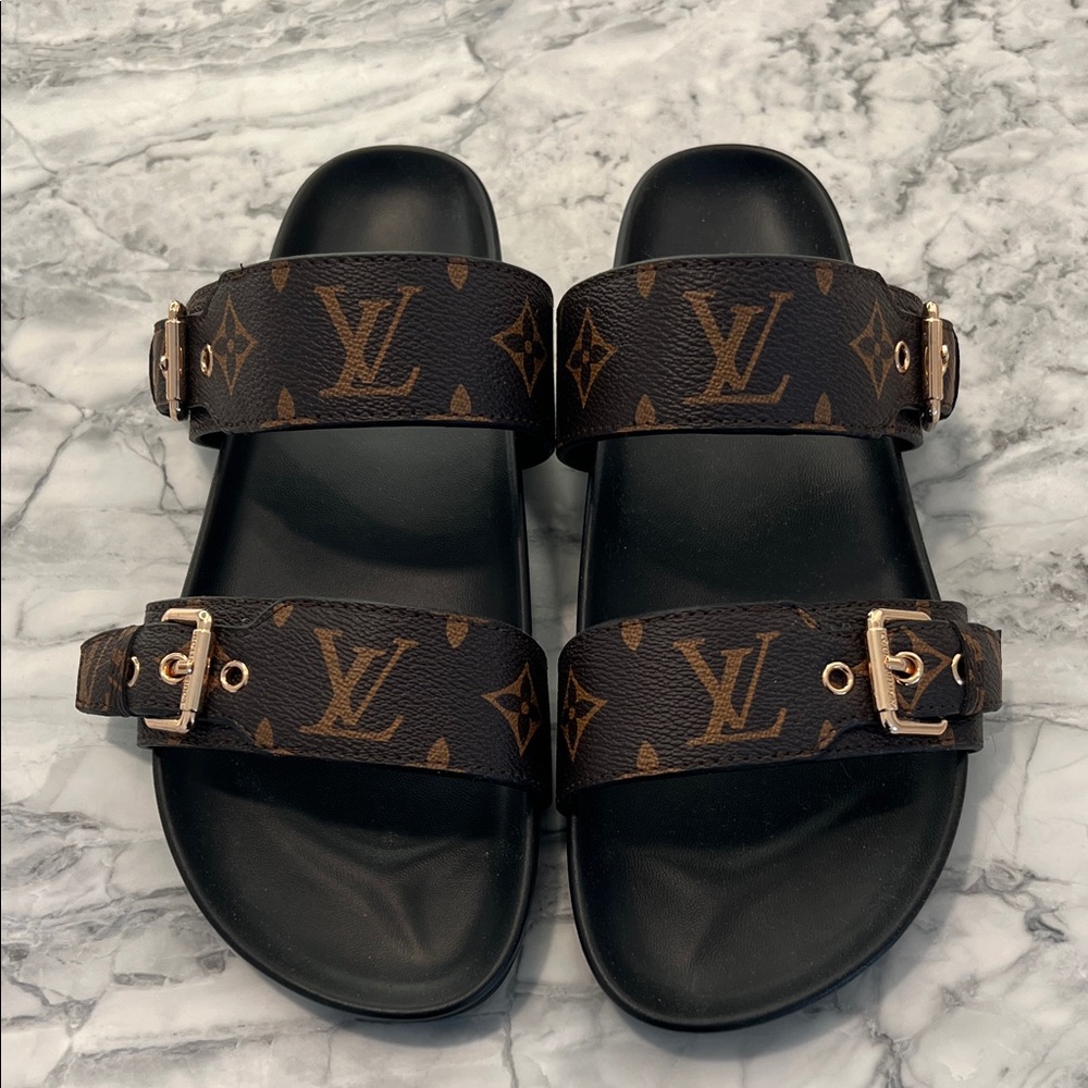 Louis Vuitton Black and Brown Monogram Slides